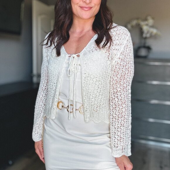 Women's Crochet Knit Tie Front Bell Sleeve Cardigan | Cream - Picture 5 of 7